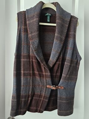 Lauren Ralph Lauren Brown & Gray Plaid Shawl-Collar Knit Vest